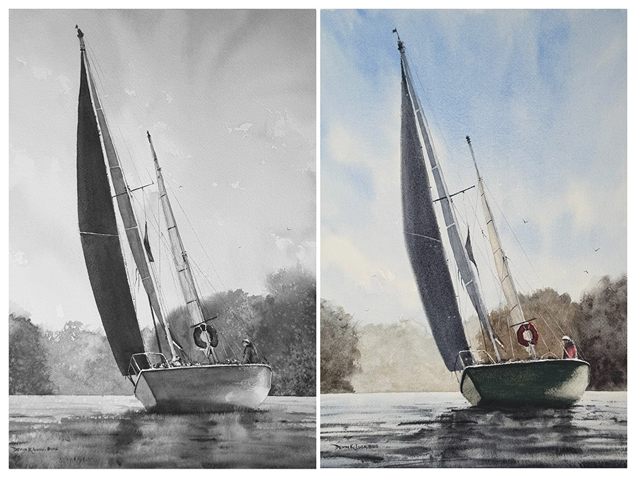 watercolor paintings of a sailboat in monochrome and full color